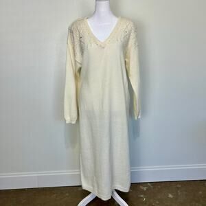 Vintage 80s Beaded Sweater Dress M Cream Knit Pearls Midi V Neck Flaws